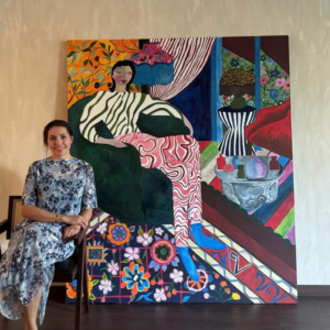170X200 cm acrylic painting, huge Maximalist colorful interior, woman illustrated